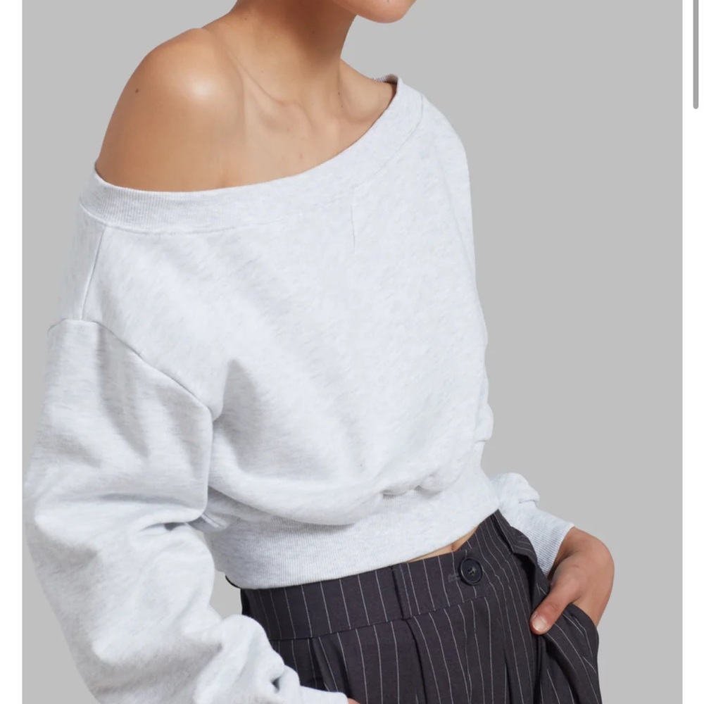 The Frankie Shop Off-Shoulder Cropped Sweatshirt in Heather White